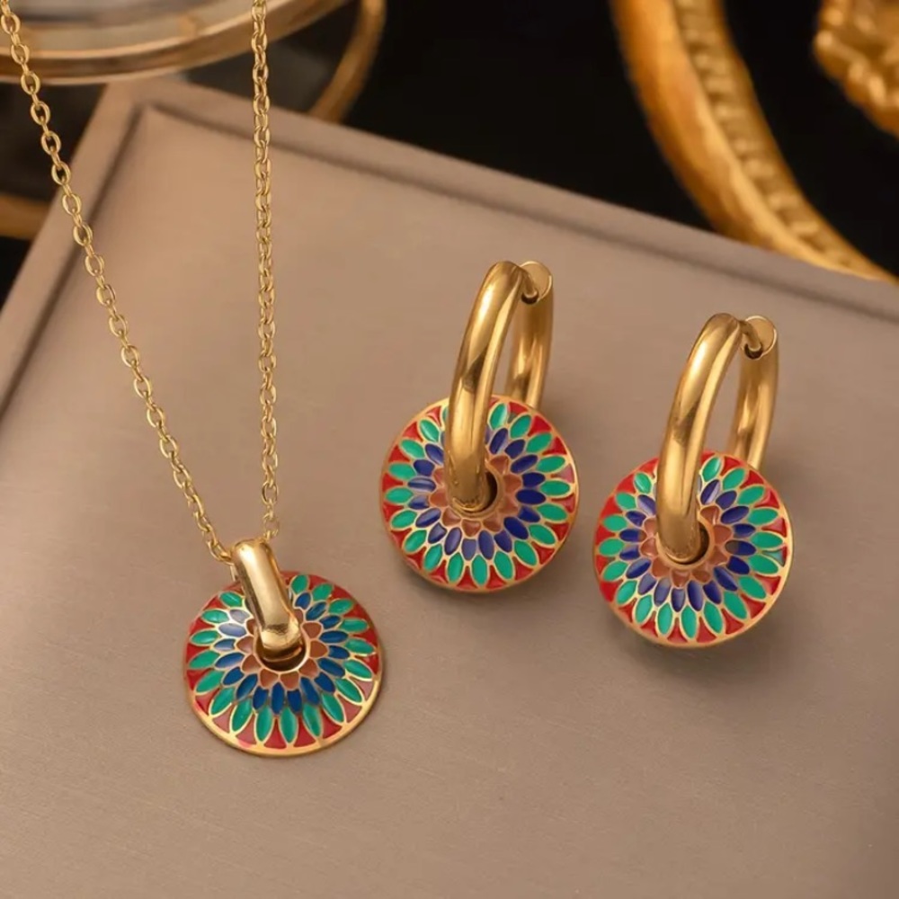 3 pcs set golden stainless steel boho painted daisies jewelry set for women new